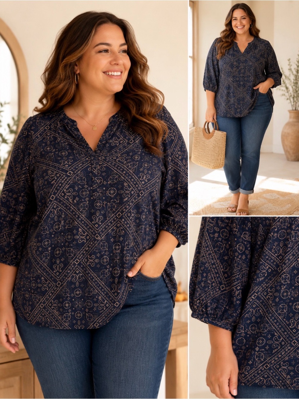 Lucky brand Navy blue Printed V-Neck Tunic Top 1X boho, casual plus size